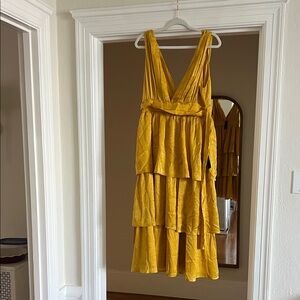 Lulu's Mustard Yellow Tiered V-Neck Midi Dress
